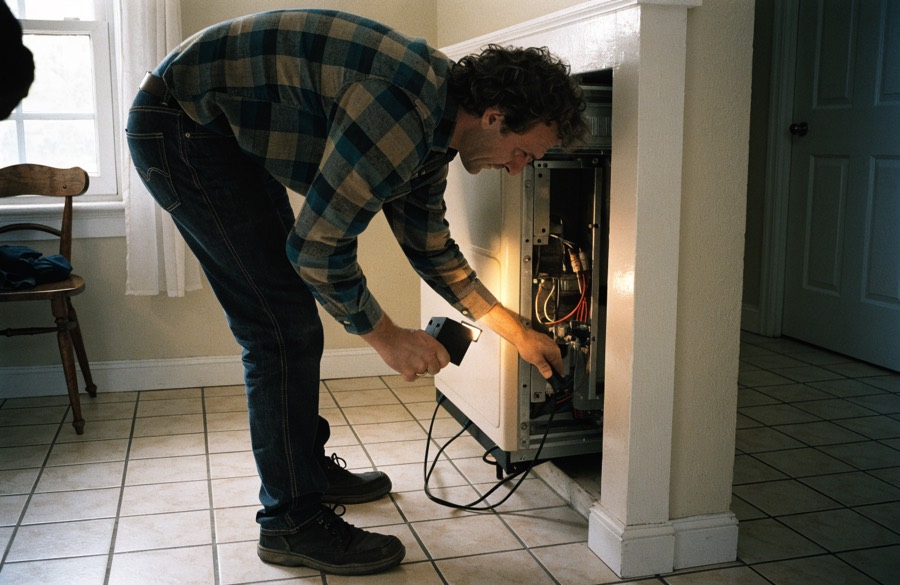 Technician repairing a washing machine in a laundry room