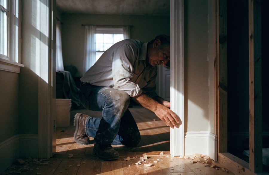 Carpenter fitting door trim in a home
