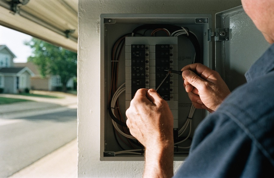 Electrician testing a residential breaker panel