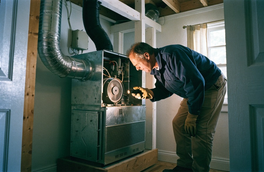 Technician servicing a furnace in a utility closet