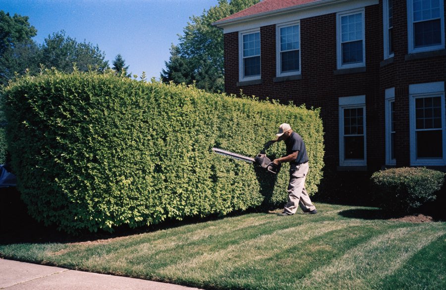 Landscaper trimming a hedge in a suburban front yard