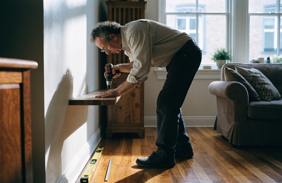 Handyman fitting a shelf to a wall