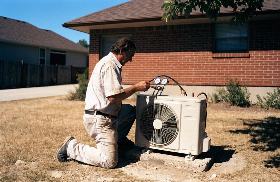 HVAC technician servicing an outdoor air conditioning unit
