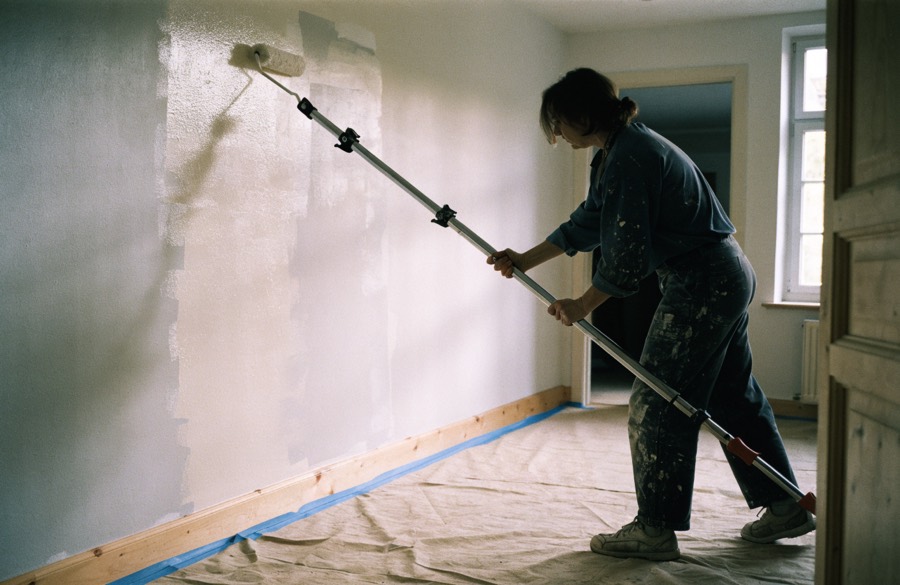 Painter rolling fresh paint onto an interior wall