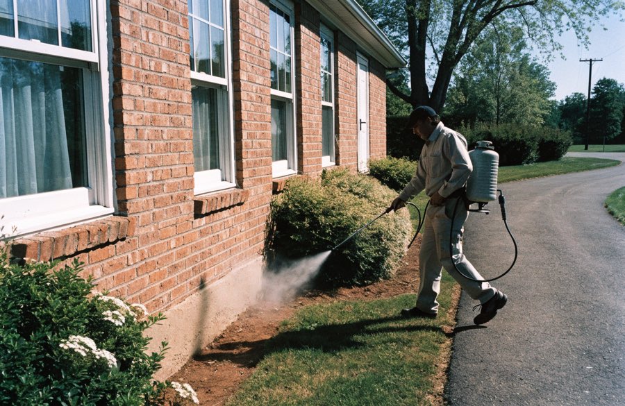Pest control technician treating the exterior of a house