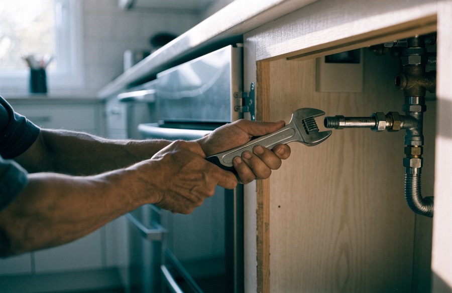 Plumber tightening a water supply pipe under a kitchen sink