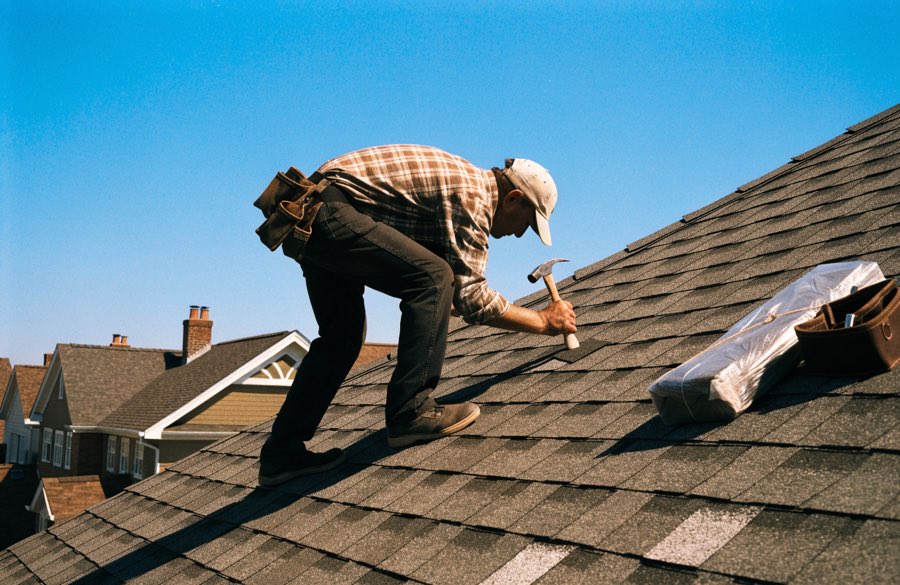 Roofer replacing shingles on a residential roof